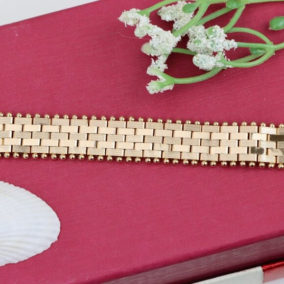 "Wide Rose Gold Bracelet with Textured Interlink & Ball Edge Design, XPBL0873 - Picture 11 of 13